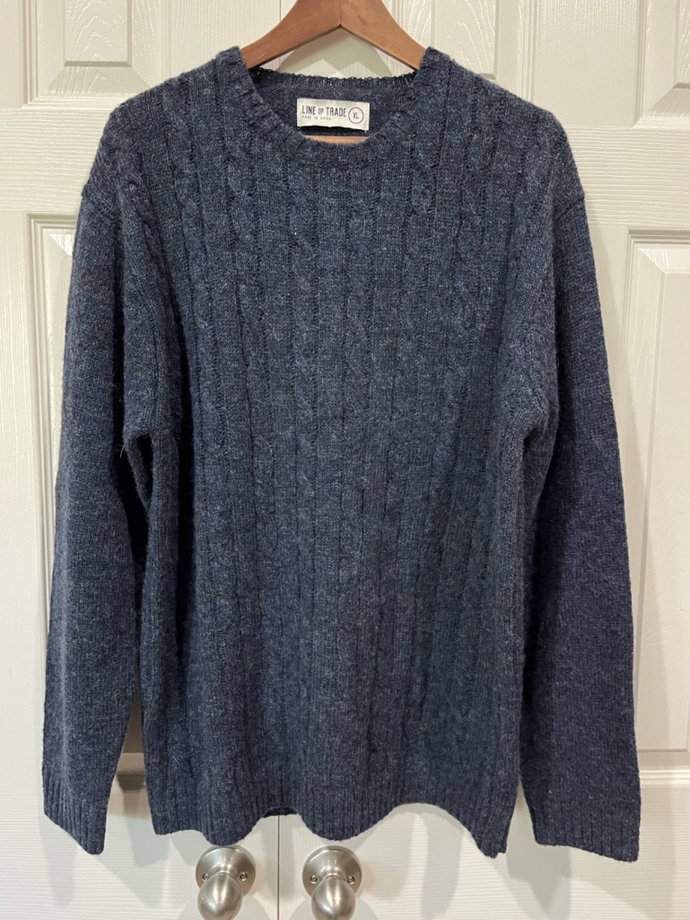 Line Of Trade Sweater Blue Shetland Wool Cable Knit Crewneck Fisherman Size XL